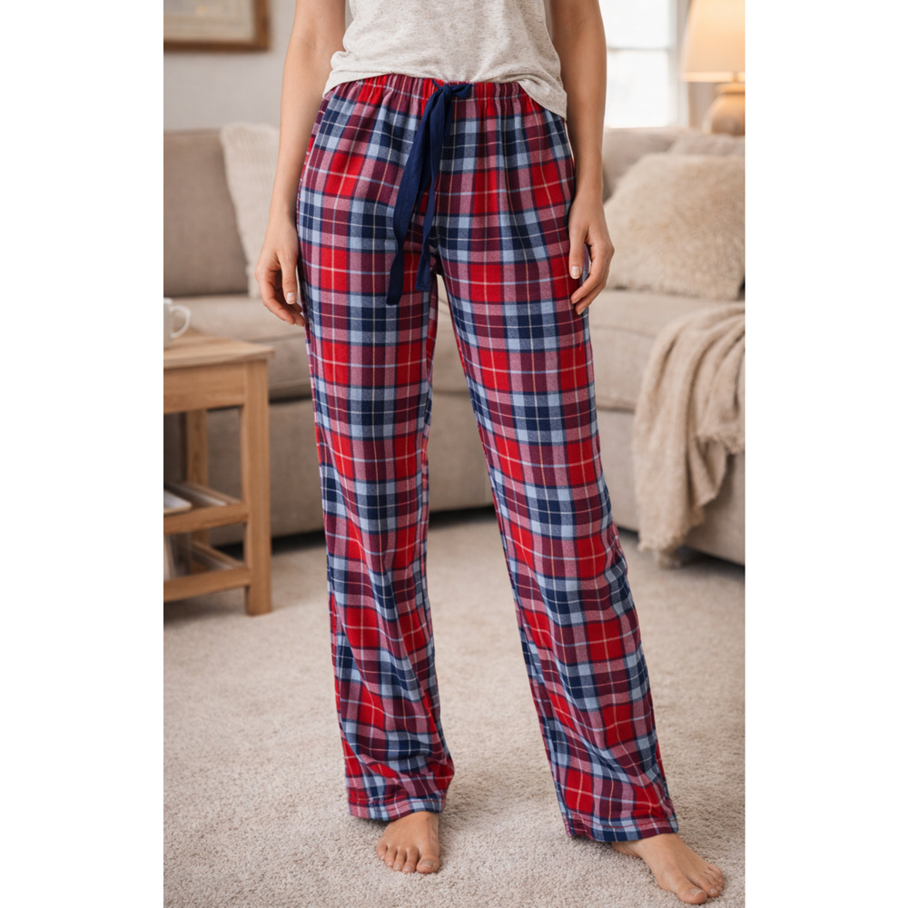 Lands End Women's Pajama Pants Med 10-12 Red Blue Plaid Flannel Drawstring Cozy